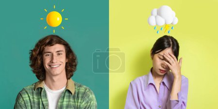 Photo for Contrasting Emotions. Happy Teen Guy And Upset Asian Woman Posing Over Colorful Backgrounds With Sun And Rainy Cloud Emojis Above Head, Diverse Peoople Having Good And Bad Mood, Collage, Panorama - Royalty Free Image