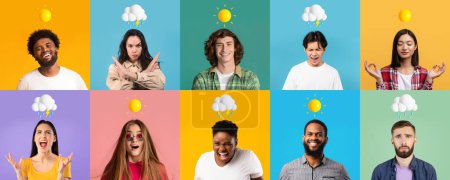 Photo for Emotional State. Portraits Of Diverse Multiethnic People With Good And Bad Mood Posing On Colorful Backgrounds, Males And Females With Weather Emojis Above Head Expressing Different Emotions, Collage - Royalty Free Image