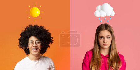 Photo for Mood Swings. Happy young black man and upset caucasian woman with weather emoji above head, creative collage with male and female portraits with sun and rainy cloud icons, panorama - Royalty Free Image