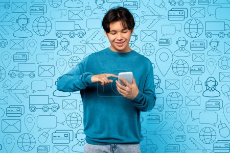 Photo for Delivery service, mobile app. Happy handsome young korean guy tracking his package parcel via application on cell phone, chatting with customer service representative, collage - Royalty Free Image