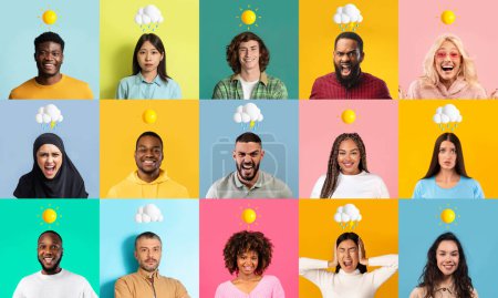 Foto de Diversidad emocional. Grupo de jóvenes multiétnicos que tienen buen y mal humor mientras posan sobre un fondo colorido con sol y nubes lluviosas sobre la cabeza, hombres y mujeres que expresan emociones, collage - Imagen libre de derechos