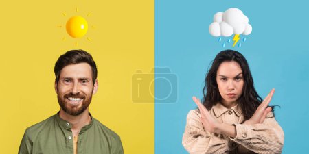 Photo for Happy Man With Sun Emoji And Upset Woman With Rainy Cloud Icon Above Head Posing Over Colorful Studio Backgrounds, Male And Female Expressing Different Moods, Having Emotional Switch, Collage - Royalty Free Image