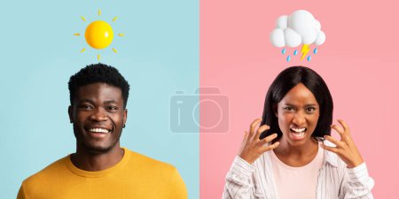 Photo for Misunderstanding In Couples. Happy Black Man And Angry Upset Woman Posing Over Colorful Backgrounds, Girlfriend And Boyfriend With Weather Emojis Above Heads Expressing Different Emotions, Collage - Royalty Free Image