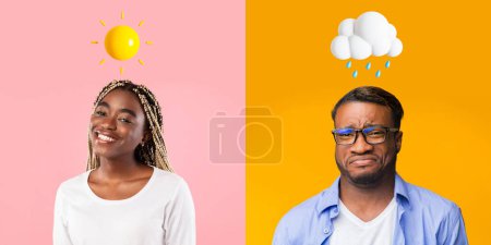 Photo for Joy And Sorrow. Black man and woman expressing opposite emotions while posing over colorful background with weather emojis above head, male and female showing contrast in human moods, collage - Royalty Free Image