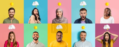 Photo for Portraits Of Multiethnic People With Different Weather Emojis Above Head Posing Over Colorful Backgrounds, Males And Females Expressing Good And Bad Mood Swings, Creative Collage, Panorama - Royalty Free Image
