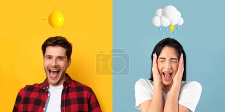 Unterschied in der Beziehung. Glücklicher Mann und aufgebrachte Frau posieren vor buntem Hintergrund, kreative Collage mit jungem Paar mit Wetter-Emojis über dem Kopf, die unterschiedliche Emotionen erleiden, Panorama
