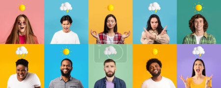Photo for Mental Problems. Young People Expressing Different Emotions Over Colorful Backgrounds, Group Of Multiethnic Men And Women With Sun And Rain Cloud Emojis Above Head Having Good And Bad Mood, Collage - Royalty Free Image