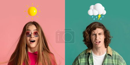 Photo for Teenage Mood Swings. Teen male and female expressing different emotions on colorful backgrounds, young people with weather emojis above head showing contrast in human moods, creative collage - Royalty Free Image