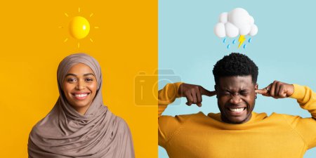 Foto de Mujer musulmana y hombre negro expresando diferentes emociones sobre fondos coloridos, hombre y mujer afroamericanos con sol y lluvia nubosa emojis por encima de la cabeza teniendo buen y mal humor, collage - Imagen libre de derechos