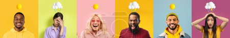 Photo for Emotional State. Group Of Multiethnic People With Different Mood Posing Over Colorful Backgrounds With Weather Emojis Above Head, Men And Women Expressing Positive And Negative Emotions, Collage - Royalty Free Image
