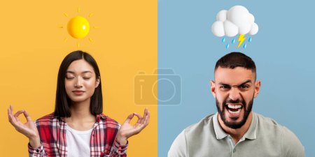 Photo for Stress Coping. Calm Asian Woman And Angry Man Posing Over Colorful Backgrounds, Creative Collage Of Male And Female With Weather Emojis Above Head Suffering Different Emotions, Panorama - Royalty Free Image