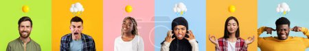 Photo for Emotional Outburst. Men And Women With Different Mood Posing Over Colorful Backgrounds With Weather Emojis Above Head, Diverse People Expressing Positive And Negative Emotions, Collage - Royalty Free Image