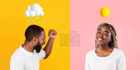 Téléchargez les photos : Une humeur différente. Homme noir en colère et jeune femme heureuse posant sur des milieux colorés, homme et femme afro-américain exprimant des émotions positives et négatives, collage, panorama - en image libre de droit