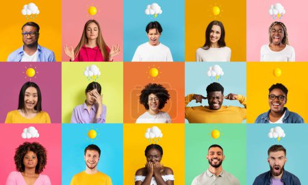 Photo for People With Negative And Positive Emotions Posing Over Colorful Backgrounds With Weather Emojis, Collage Of Diverse Multiethnic Men And Woman Having Good And Bad Mood, Expressing Joy And Sorrow - Royalty Free Image