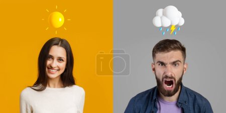 Photo for Young man and woman expressing positive and negative emotions over colorful backgrounds, creative collage of male and female in different mood with weather emojis above head, panorama - Royalty Free Image