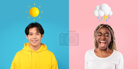 Photo for Creative Collage For Human Emotions Concept With Happy Man And Angry Woman, Smiling Teen Asian Guy And Anxious Black Female With Weather Emojis Above Head Posing Over Colorful Backgrounds, Panorama - Royalty Free Image
