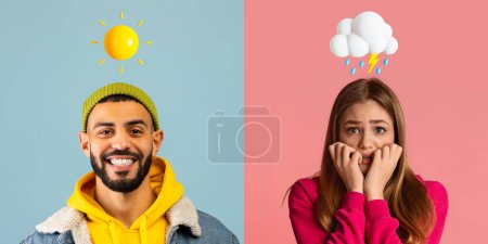 Foto de Diversidad emocional. Hombre con sol y mujer con nube de trueno Emoji sobre la cabeza posando sobre fondos coloridos, hombres árabes y mujeres caucásicas expresando cambios de humor, collage creativo - Imagen libre de derechos