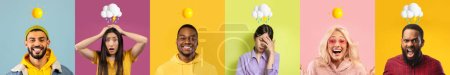 Photo for Bipolar Disorder. Multiethnic People With Different Emotional Mood Posing Over Colorful Backgrounds, Collage With Diverse Men And Women With Sun And Rainy Cloud Emojis Above Head, Panorama - Royalty Free Image