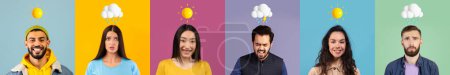 Foto de Personas en diferentes estados de ánimo posando sobre fondos coloridos con emojis meteorológicos, diversos hombres y mujeres multiétnicos que expresan emociones positivas y negativas, sentirse feliz y triste, collage - Imagen libre de derechos