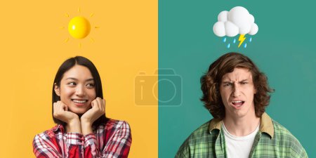 Photo for Mood Swings. Portraits Of Happy Asian Woman And Anxious Young Guy Over Colorful Backgrounds With Weather Amoji Above Head, Male And Female Expressing Different Emotion, Collage, Panorana - Royalty Free Image