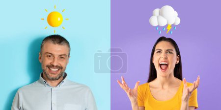 Téléchargez les photos : Concept des émotions humaines. Collage avec un homme heureux et une femme anxieuse en colère, un homme joyeux et une femme stressée debout sur des fonds colorés avec des émojis nuageux ensoleillés et pluvieux au-dessus des têtes, Panorama - en image libre de droit
