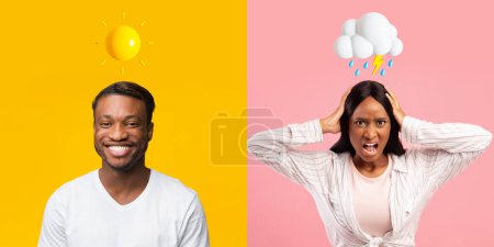 Photo for Temperament Clashes In Relationships. Black Man And Woman With Different Mood Posing Over Colorful Backgrounds, Creative Collage Of Couple With Sun And Rainy Cloud Emojis Above Head, Panorama - Royalty Free Image