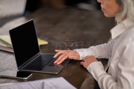 Photo for Cropped Shot Of Businesswoman Typing On Laptop Keyboard, Working Online And Surfing Web Sitting At Desk In Office. Side View Of Mature Manager Lady Browsing Internet At Workplace. Selective Focus - Royalty Free Image