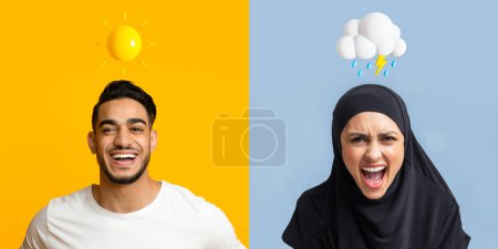 Photo for Arab Man And Muslim Woman Expressing Different Emotions Over Colorful Backgrounds, Middle Eastern Male And Female With Sun And Rain Cloud Emojis Above Head Having Good And Bad Mood, Collage - Royalty Free Image