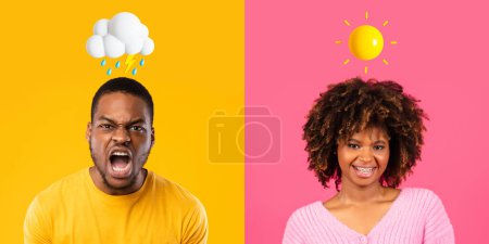 Photo for Emotional Turbulence. Angry Black Man And Happy Woman Posing Over Colorful Backgrounds, Creative Collage Of Male And Female With Weather Emojis Above Head Suffering Different Emotions, Panorama - Royalty Free Image