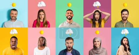 Foto de Diversos hombres y mujeres multiétnicos que tienen buen y mal humor, collage creativo con hombres y mujeres con el sol y la nube lluviosa Emojis por encima de la cabeza posando sobre fondos coloridos, Panorama - Imagen libre de derechos