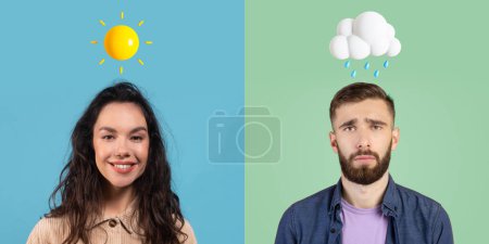 Téléchargez les photos : Homme et femme d'humeur différente posant sur des milieux colorés, dame heureuse et homme bouleversé par le temps Emojis au-dessus de la tête Expression de bonnes et mauvaises émotions, Collage créatif, Panorama - en image libre de droit