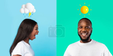 Photo for Family Crisis. Collage With African American Couple Having Different Mood, Portraits Of Happy Black Man And Angry Woman Posing Over Colorful Backgrounds With Weather Emojis Above Head, Panorama - Royalty Free Image