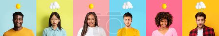 Foto de Grupo de personas que expresan diferentes emociones en fondos coloridos, diversos machos y hembras multiétnicos con emojis meteorológicos por encima de la cabeza que muestran contraste en los estados de ánimo humanos, collage, panorama - Imagen libre de derechos