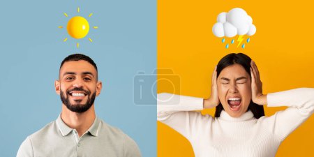 Foto de Cambio de comportamiento. Collage creativo con el hombre árabe feliz y la mujer asiática ansiosa de pie sobre fondos coloridos, el sol y la nube lluviosa emoticonos como signo de humor diverso y el interruptor emocional, Panorama - Imagen libre de derechos