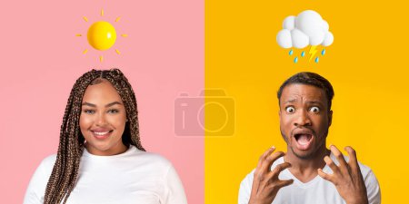 Photo for Portraits Of Black Man And Woman With Different Weather Emojis Above Head Posing Over Colorful Backgrounds, Male And Female Expressing Good And Bad Mood Swings, Creative Collage, Panorama - Royalty Free Image