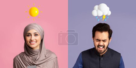 Photo for Muslim man and woman expressing positive and negative emotions over colorful backgrounds, creative collage of islamic lady with sun emoji above head and stressed arab with rainy cloud icon, panorama - Royalty Free Image