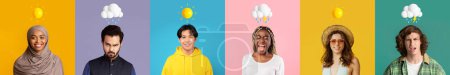 Foto de Cambios de humor. Diversas personas multiétnicas sintiendo emociones positivas y negativas, hombres y mujeres con el tiempo Emojis por encima de la cabeza posando sobre fondos coloridos, Collage creativo, Panorama - Imagen libre de derechos