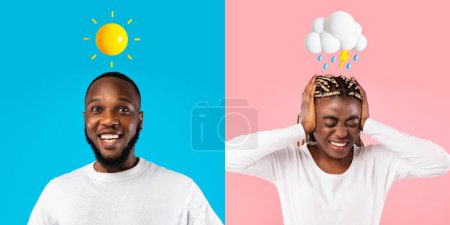 Photo for Mood Switch. Happy Black Man And Stressed Woman Standing Over Colorful Backgrounds, Creative Collage Of Male And Female With Weather Emojis Above Head Suffering Different Emotions, Panorama - Royalty Free Image