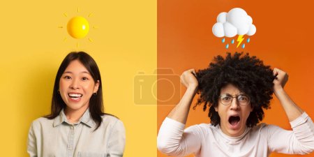 Photo for Bipolar Disorder. Portraits Of People With Different Mood Posing Over Colorful Backgrounds, Creative Collage With Hapy Asian Woman With Sun Emoji And Upset Black Man With Rain Cloud Above Head - Royalty Free Image