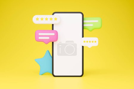 Photo for Best Application. Large Mobile Phone With Empty Screen Standing Over Yellow Studio Background With Five Stars Rating And Message Icons. Customers Feedback On Great Smartphone App Service. Collage - Royalty Free Image