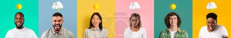 Photo for Diverse Multiethnic People With Weather Emojis Above Head Having Different Emotions, Multicultural Men And Women Feeling Happy, Angry, Sad And Anxious While Posing Over Colorful Backgrounds, Collage - Royalty Free Image