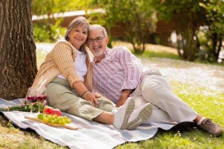 Téléchargez les photos : Couple d'âge mûr européen joyeux avec des verres de vin rouge reposent sur plaid, profiter de la date, pique-nique dans le parc le week-end d'été, en plein air. Amour, romance, anniversaire, vacances ensemble - en image libre de droit