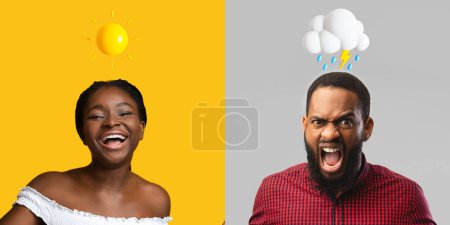 Foto de Salud Mental. Hombre y mujer negros expresando diferentes emociones en fondos coloridos, hombre y mujer afroamericanos con emojis climáticos por encima de la cabeza que muestran contraste en los estados de ánimo humanos, collage - Imagen libre de derechos