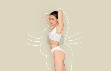 Photo for Attractive young slim woman wearing white underwear demonstrating her perfect slim body with perfect curves on beige background, showing results of weight loss program, abstract body shape, collage - Royalty Free Image