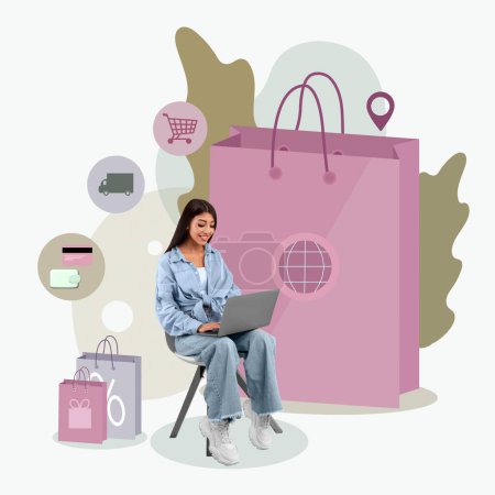 Photo for Happy black lady using laptop sitting near huge shopping bag over colorful background, woman enjoying black friday sale and purchasing online, collage - Royalty Free Image