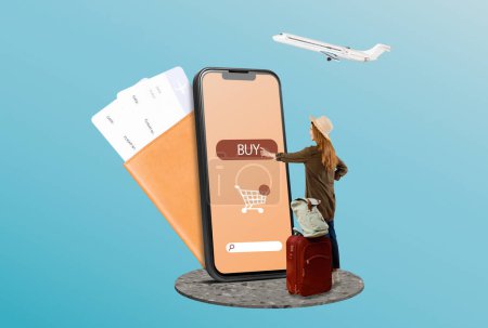 Photo for Travel app. Tourist lady standing near huge smartphone with suitcase and buying tour online, blue background, creative collage. Traveler booking cheap trip via phone - Royalty Free Image