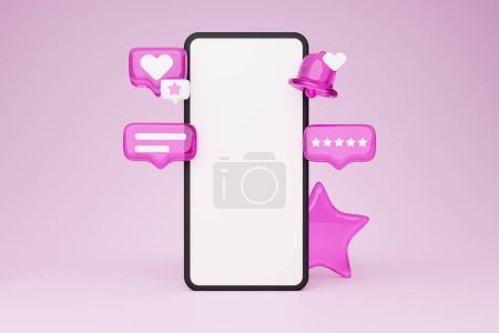 Photo for Mobile Application Feedback. Big Phone With Blank Screen Among Stars Rating Messages, Bell And Like Icons Standing Over Pink Studio Background. Online Communication Office. Collage, Mockup - Royalty Free Image