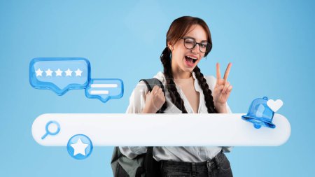 Photo for E-Learning Offer. Young Student Woman Gesturting Victory Sign Winking Eye At Camera, Posing With Online Search Bar And Icons Of Stars And Likes On Blue Studio Background. Collage, Panorama - Royalty Free Image