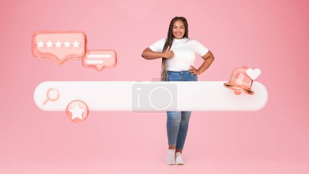 Photo for Great Browser. Happy Overweight Black Lady Gesturing Thumbs Up Near Online Search Bar And Icons Of Likes And Stars, Browsing And Approving Great Web Service On Pink Background. Collage, Panorama - Royalty Free Image