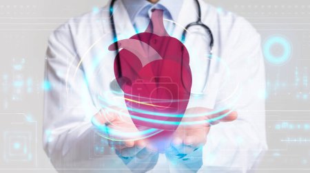 Photo for Modern technologies in cardiology, heart disease, myocardial infarction. Unrecognizable man in medical coat doctor holding big human heart in his hands, cropped, collage, double exposure - Royalty Free Image